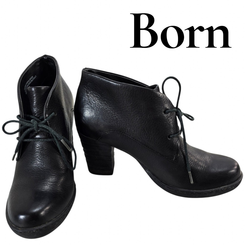 Born Ankle Boots Womens 6.5 Black Leather Lace Up Block Heel Booties Boho